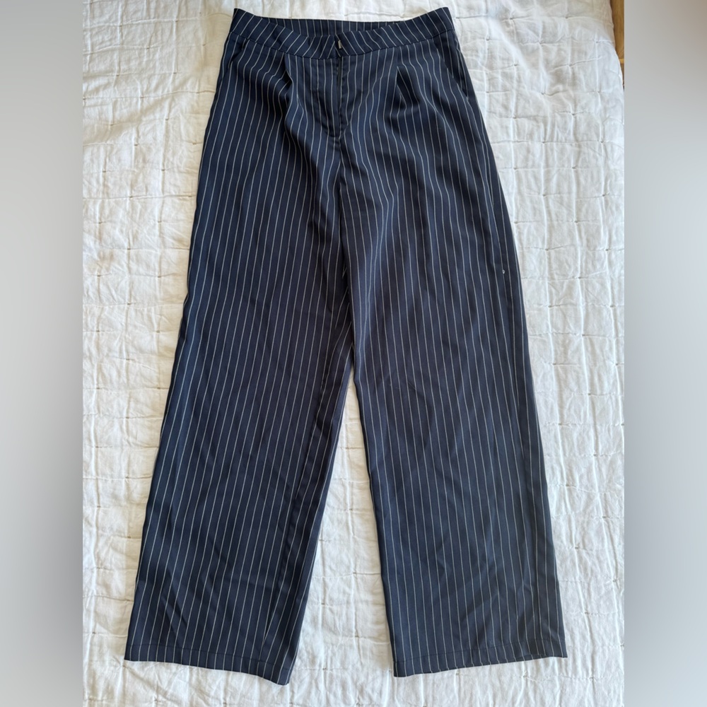 Pinstripe Wide Leg Trousers in Navy - Picture 6 of 8